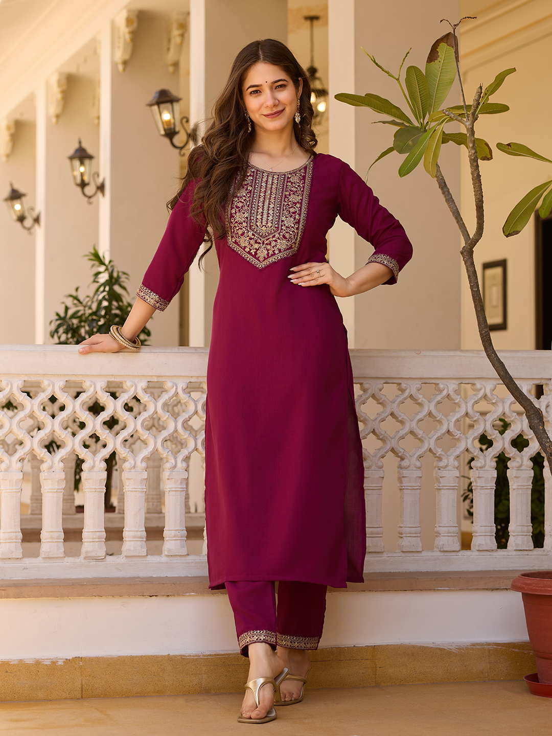 Maroon Embroidered Rayon Kurta Set with Chinon Dupatta