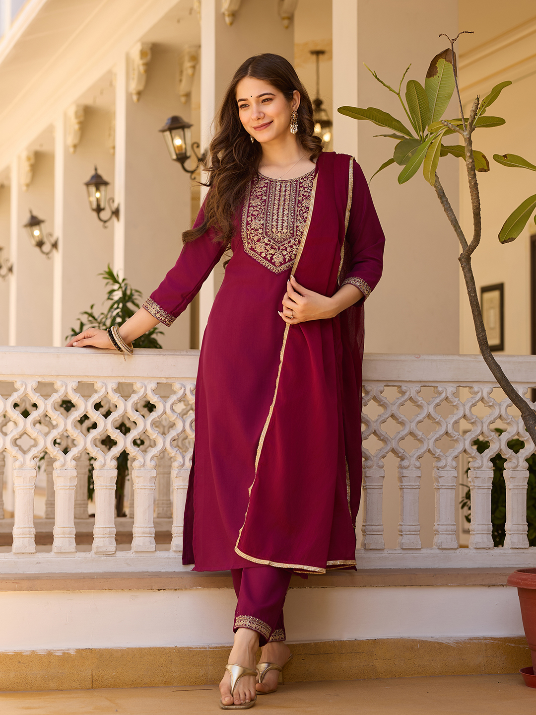 Maroon Embroidered Rayon Kurta Set with Chinon Dupatta