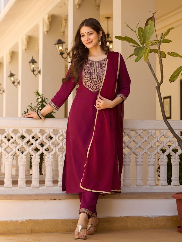 Maroon Embroidered Rayon Kurta Set with Chinon Dupatta