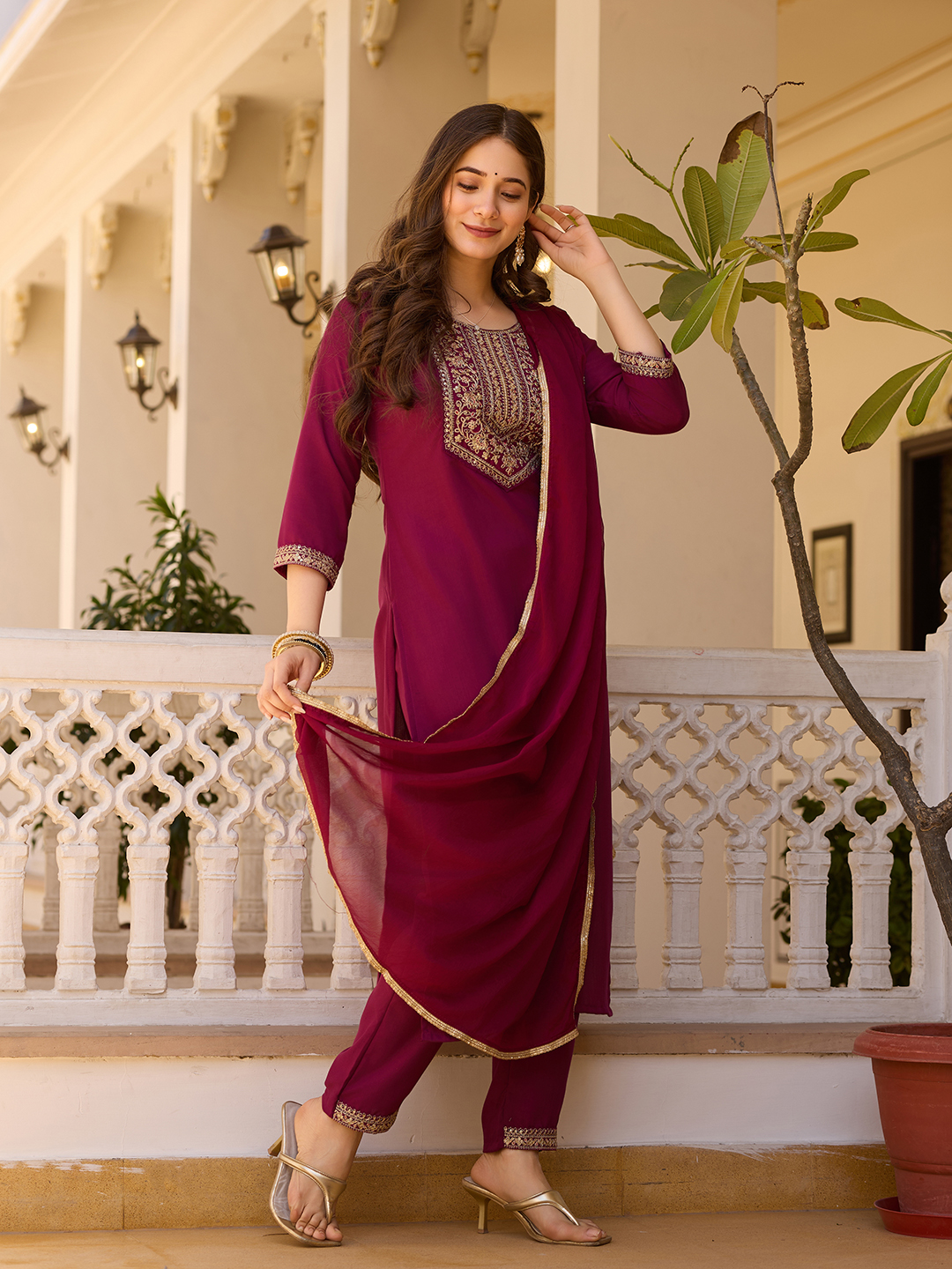 Maroon Embroidered Rayon Kurta Set with Chinon Dupatta