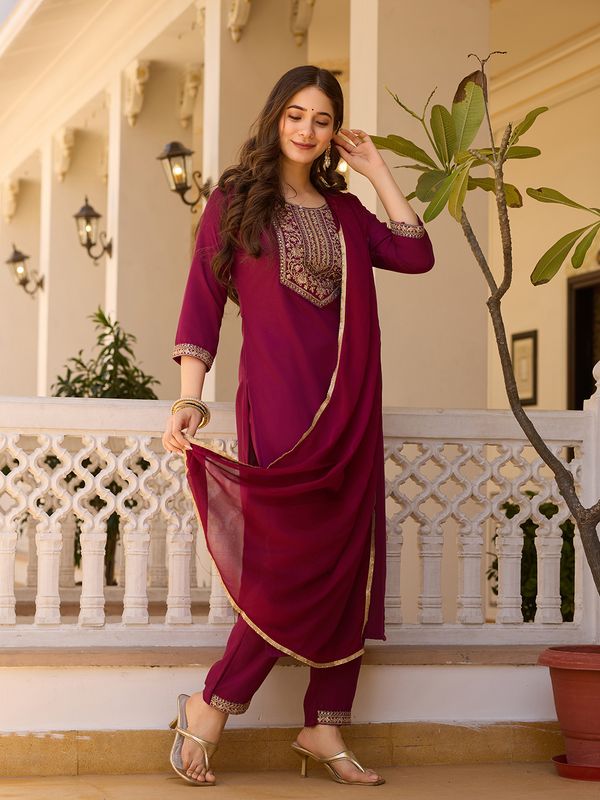 Maroon Embroidered Rayon Kurta Set with Chinon Dupatta