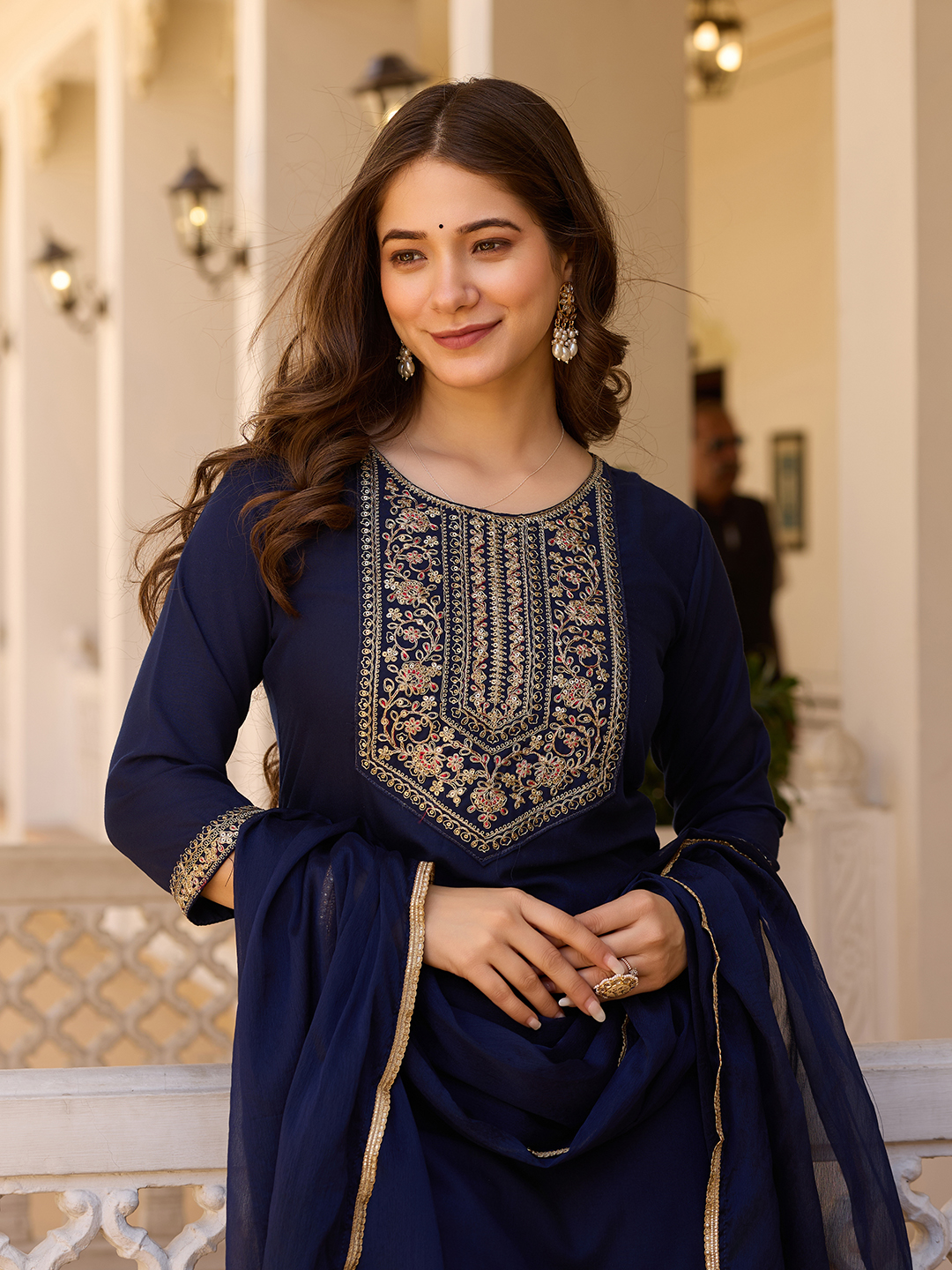Navy Blue Embroidered Rayon Kurta Set with Chinon Dupatta