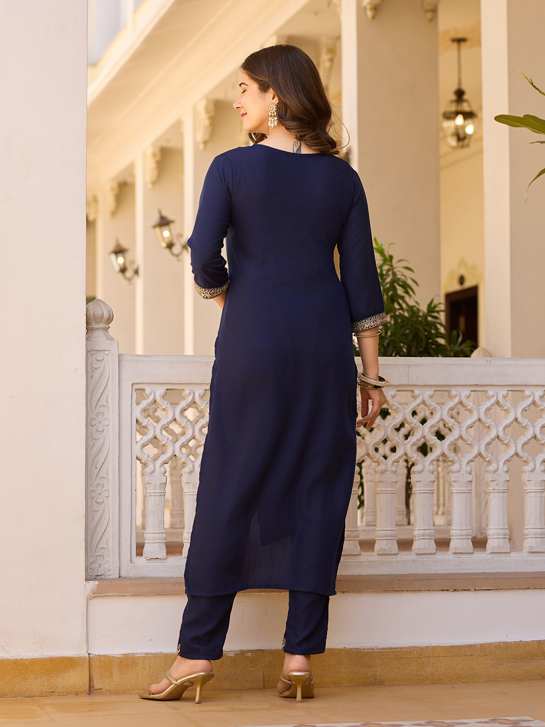 Navy Blue Embroidered Rayon Kurta Set with Chinon Dupatta
