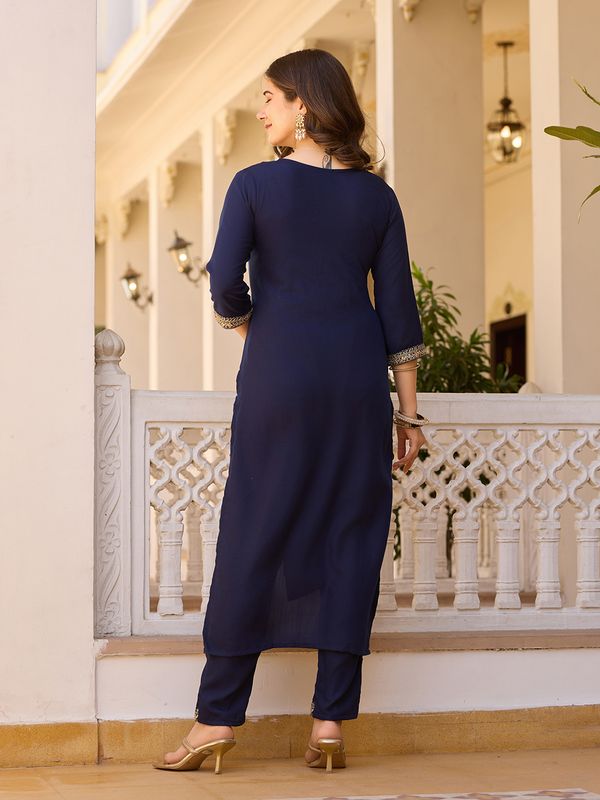 Navy Blue Embroidered Rayon Kurta Set with Chinon Dupatta