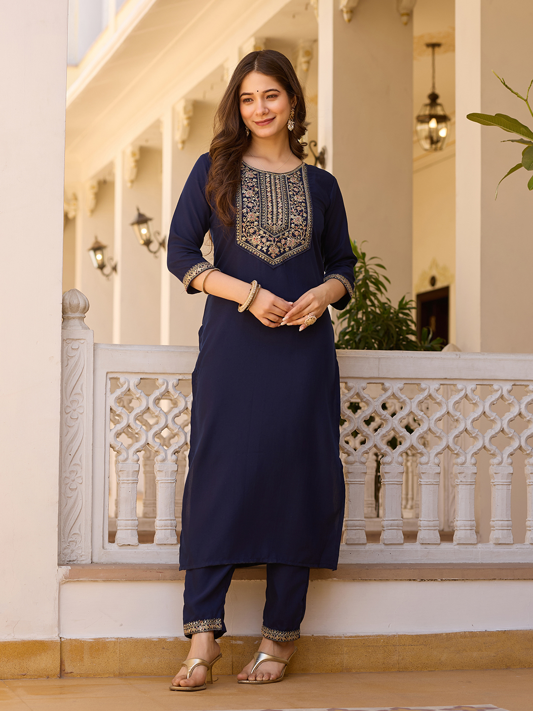 Navy Blue Embroidered Rayon Kurta Set with Chinon Dupatta