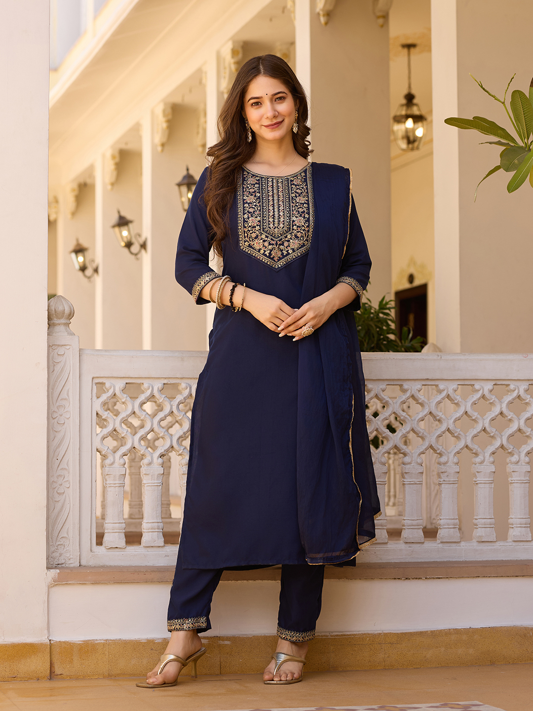 Navy Blue Embroidered Rayon Kurta Set with Chinon Dupatta