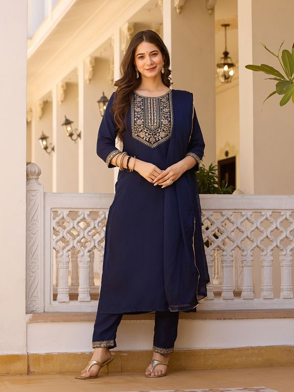 Navy Blue Embroidered Rayon Kurta Set with Chinon Dupatta