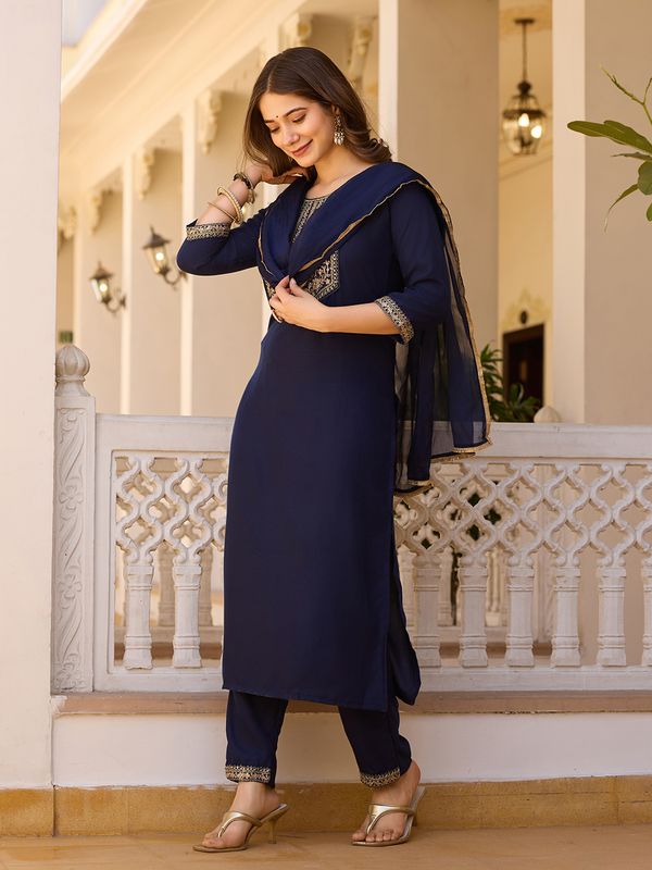 Navy Blue Embroidered Rayon Kurta Set with Chinon Dupatta