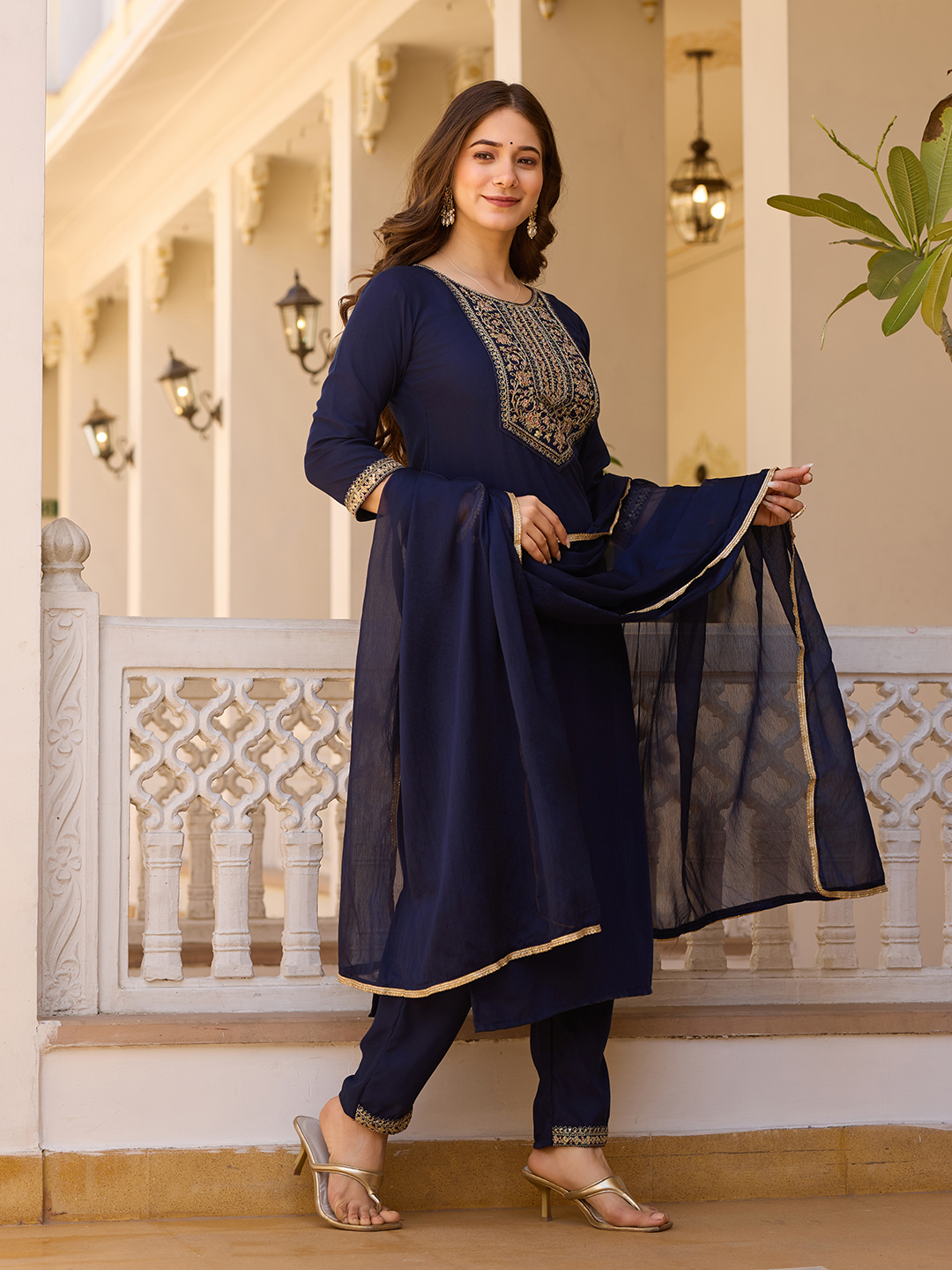 Navy Blue Embroidered Rayon Kurta Set with Chinon Dupatta