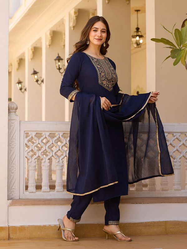 Navy Blue Embroidered Rayon Kurta Set with Chinon Dupatta