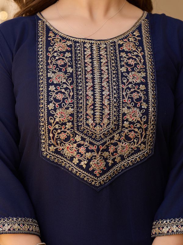 Navy Blue Embroidered Rayon Kurta Set with Chinon Dupatta