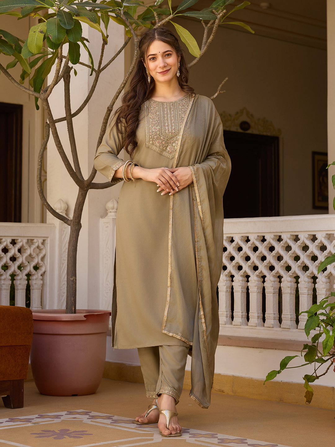 Beige Embroidered Rayon Kurta Set with Chinon Dupatta