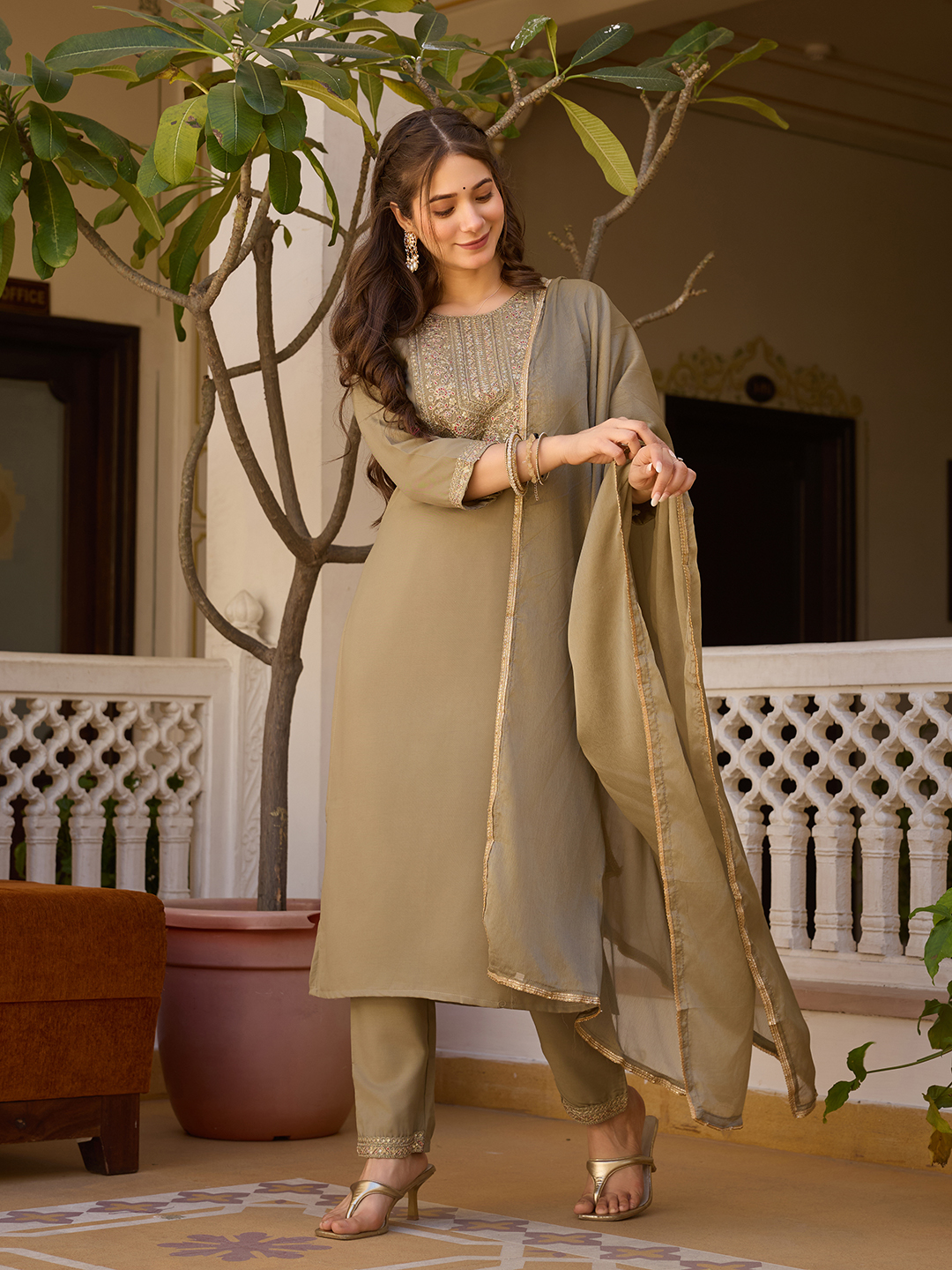 Beige Embroidered Rayon Kurta Set with Chinon Dupatta