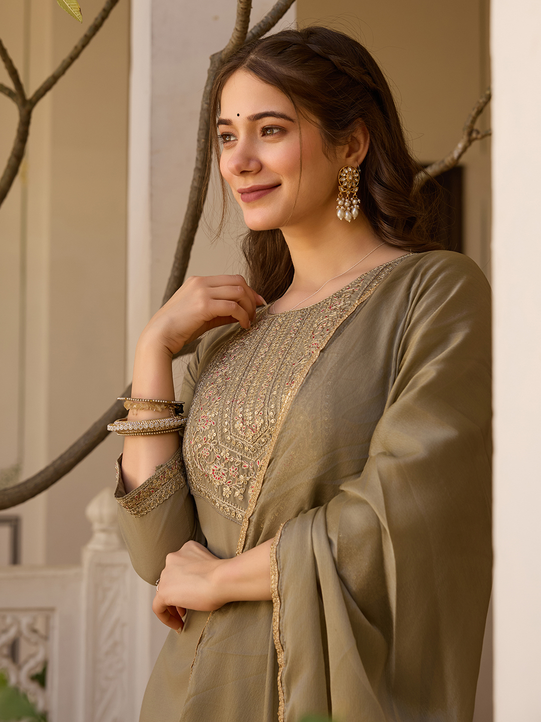 Beige Embroidered Rayon Kurta Set with Chinon Dupatta