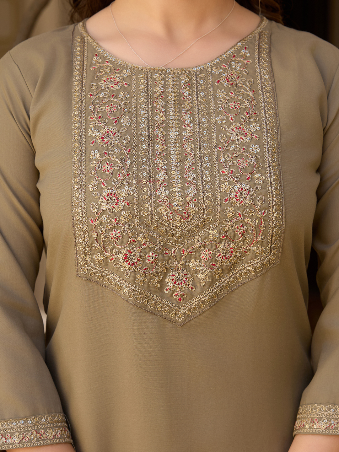 Beige Embroidered Rayon Kurta Set with Chinon Dupatta