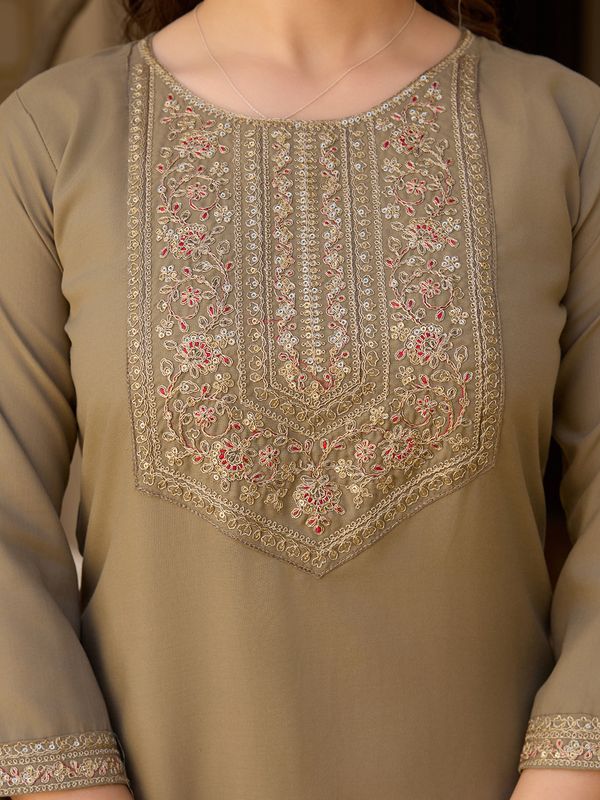 Beige Embroidered Rayon Kurta Set with Chinon Dupatta