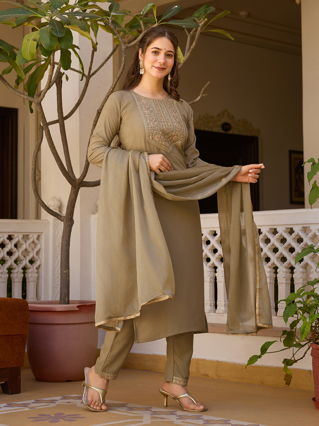 Beige Embroidered Rayon Kurta Set with Chinon Dupatta