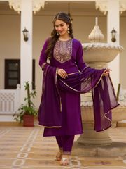 Wine Embroidered Rayon Kurta Set with Chinon Dupatta - wine