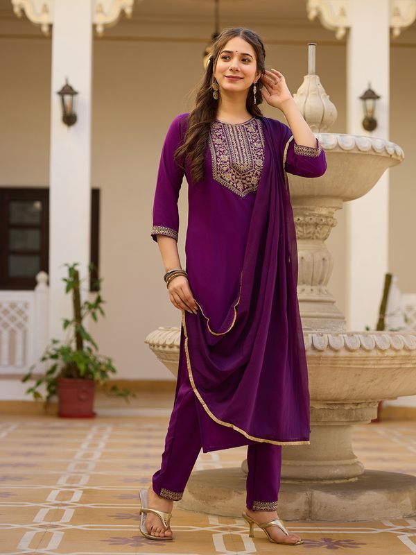 Wine Embroidered Rayon Kurta Set with Chinon Dupatta