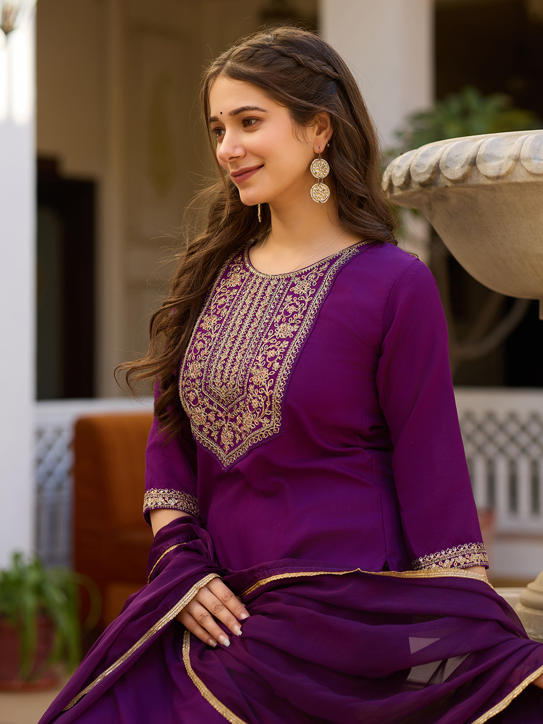 Wine Embroidered Rayon Kurta Set with Chinon Dupatta