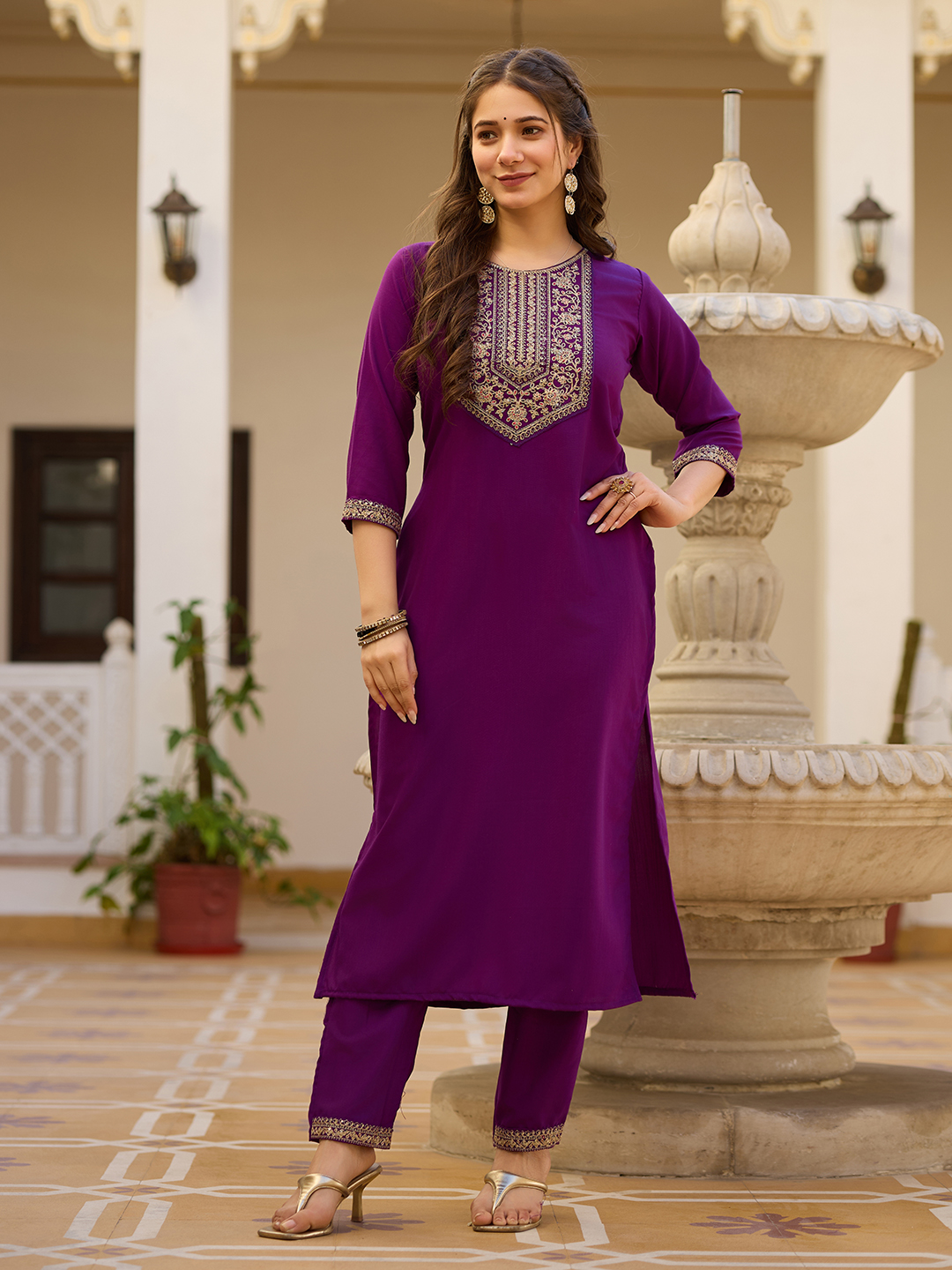 Wine Embroidered Rayon Kurta Set with Chinon Dupatta