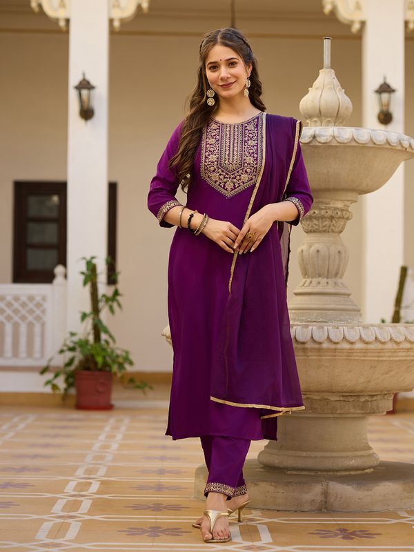 Wine Embroidered Rayon Kurta Set with Chinon Dupatta