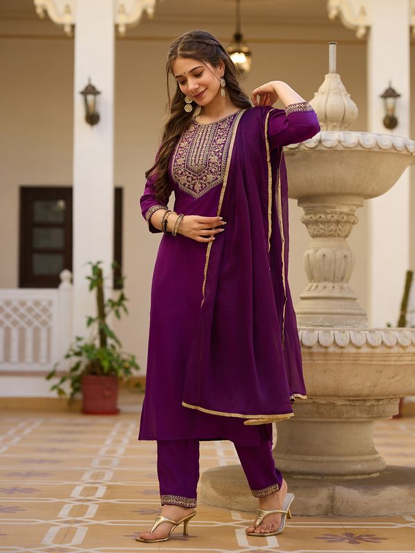 Wine Embroidered Rayon Kurta Set with Chinon Dupatta