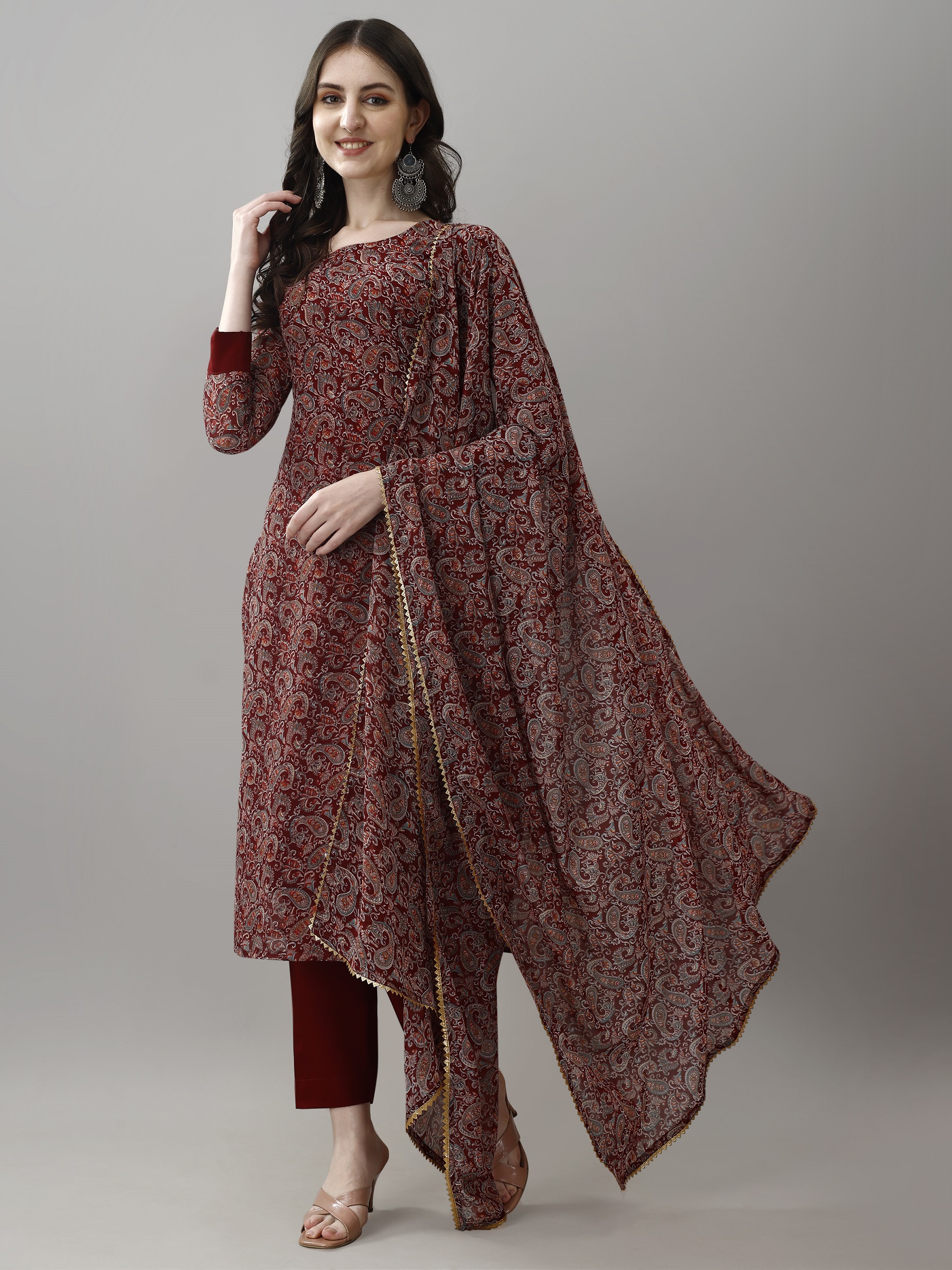 Maroon Printed Georgette Kurta Set with Dupatta Women