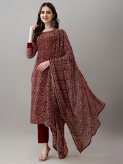 Maroon Printed Georgette Kurta Set with Dupatta Women - Maroon