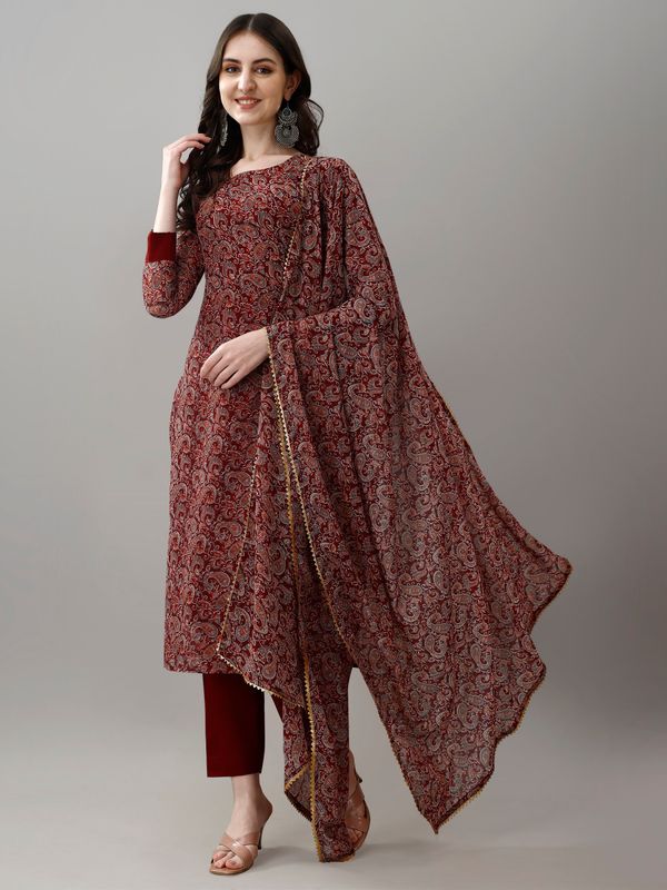 Maroon Printed Georgette Kurta Set with Dupatta Women