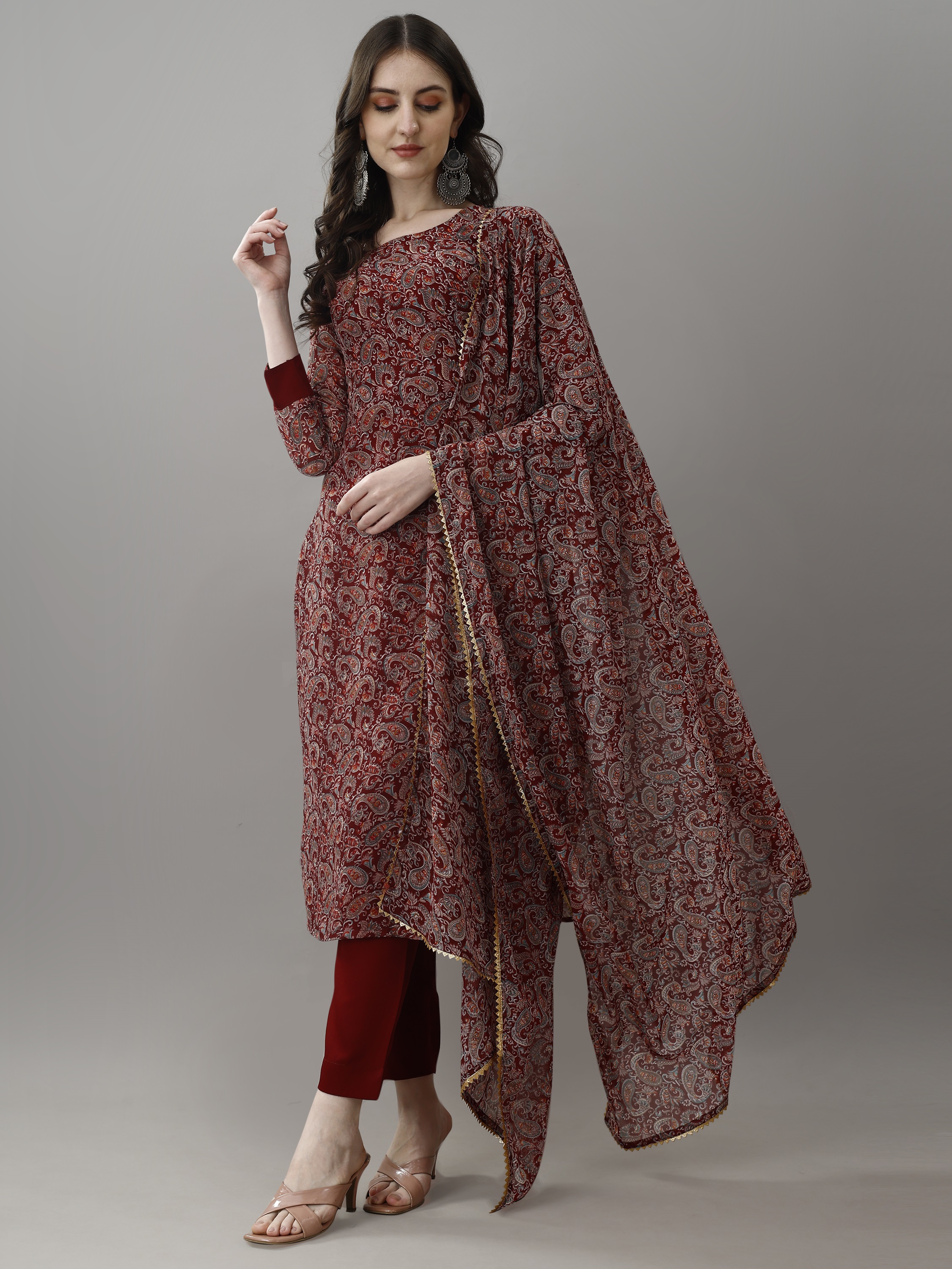Maroon Printed Georgette Kurta Set with Dupatta Women