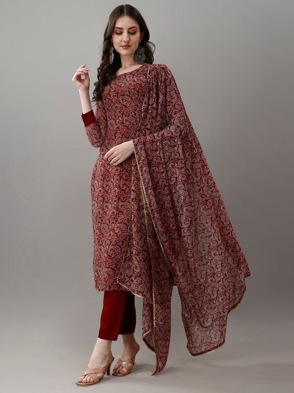 Maroon Printed Georgette Kurta Set with Dupatta Women