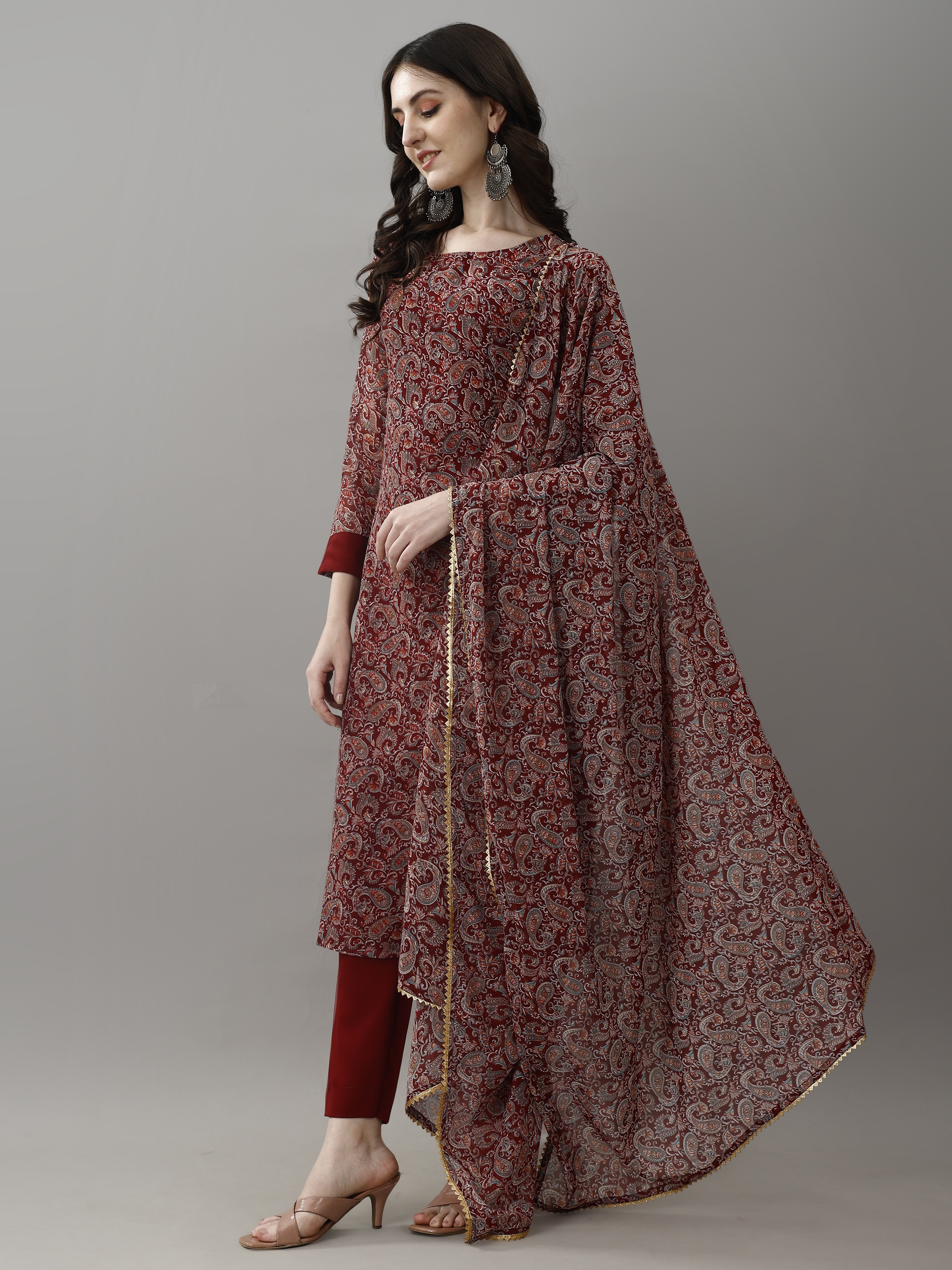 Maroon Printed Georgette Kurta Set with Dupatta Women