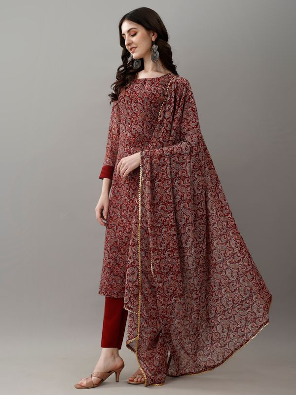 Maroon Printed Georgette Kurta Set with Dupatta Women
