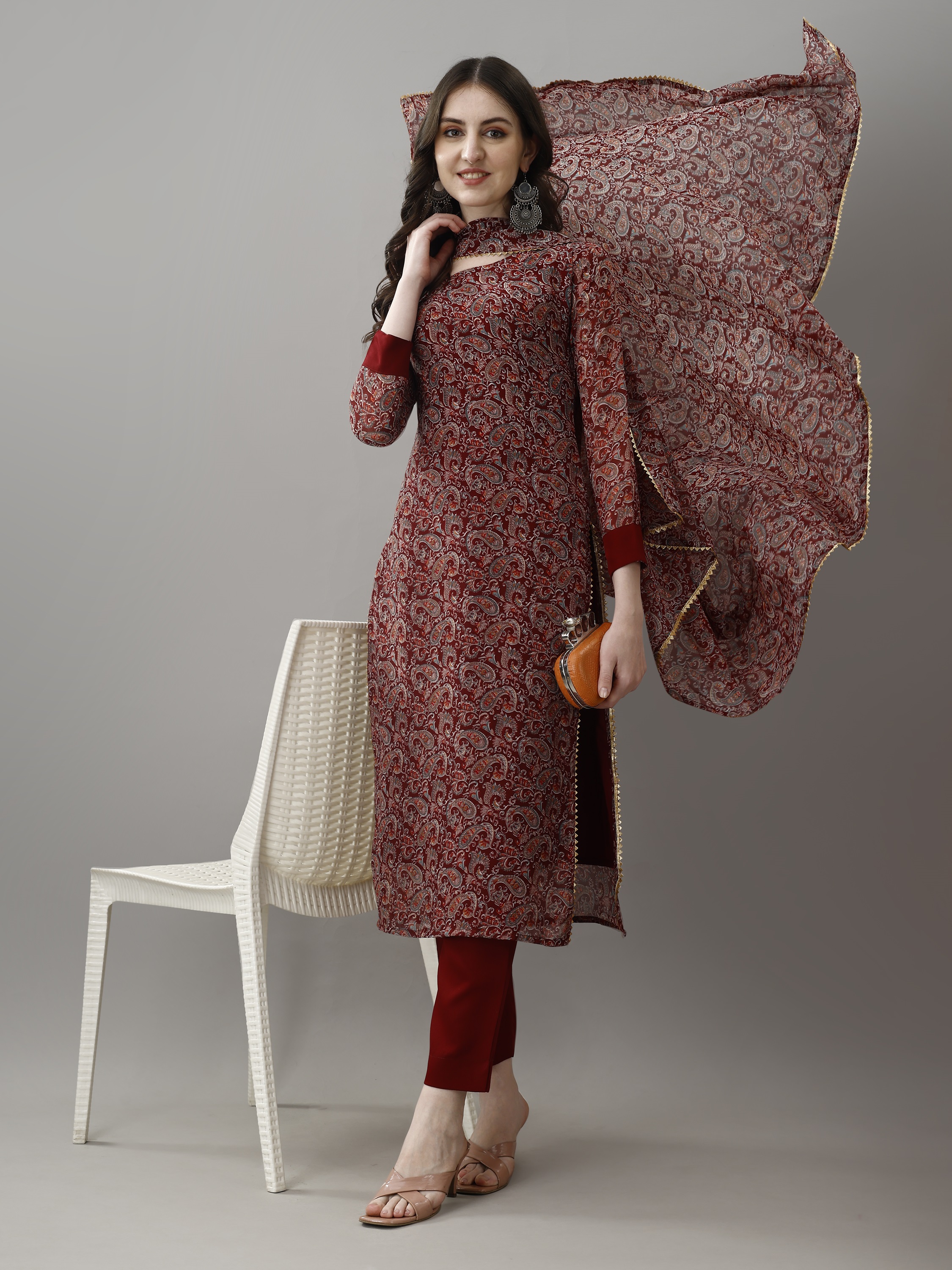 Maroon Printed Georgette Kurta Set with Dupatta Women