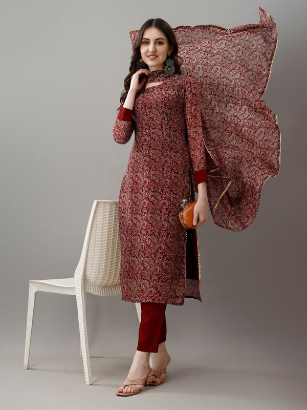 Maroon Printed Georgette Kurta Set with Dupatta Women