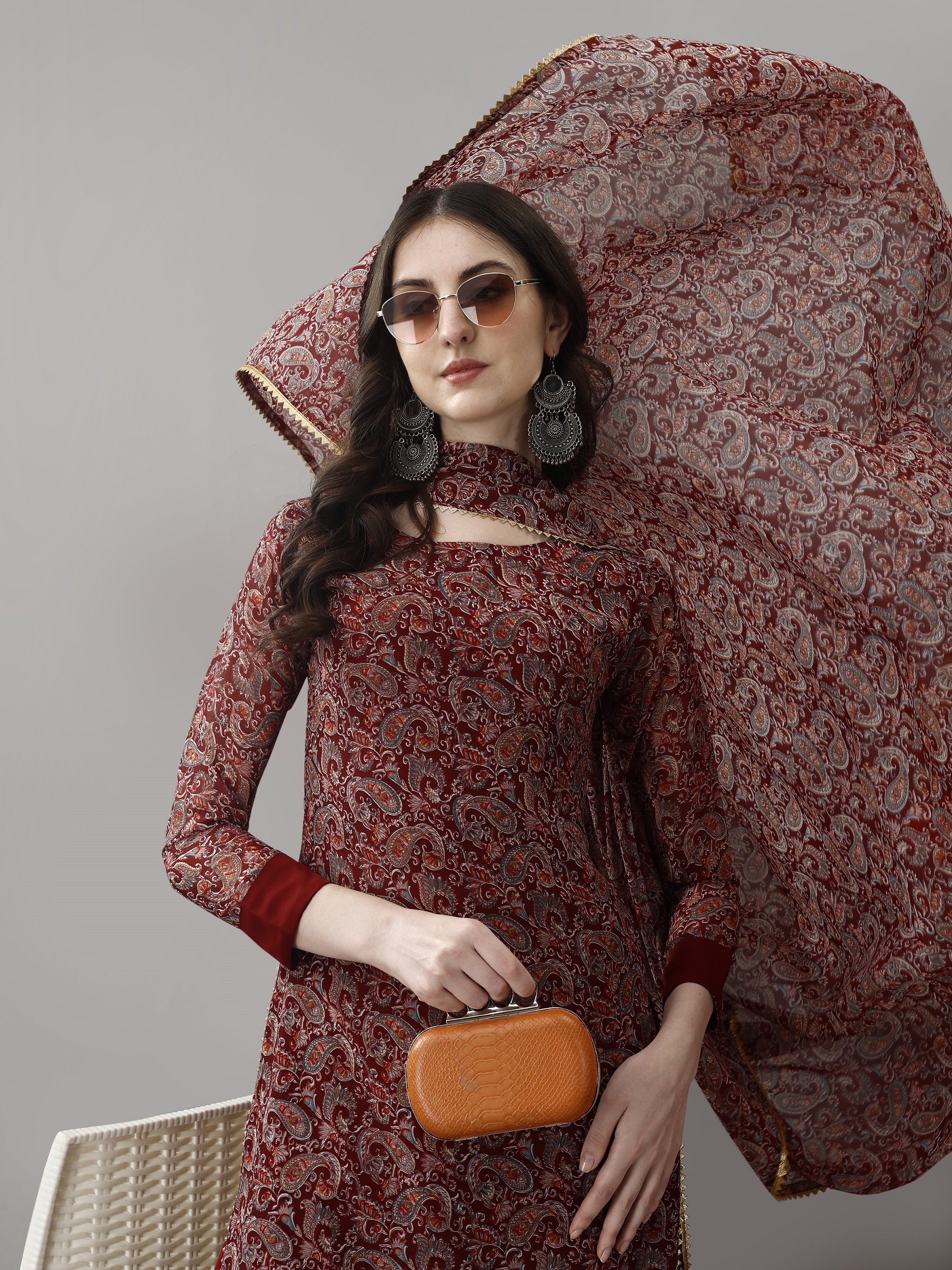 Maroon Printed Georgette Kurta Set with Dupatta Women