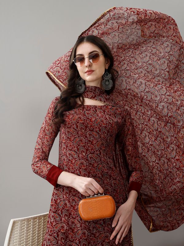 Maroon Printed Georgette Kurta Set with Dupatta Women