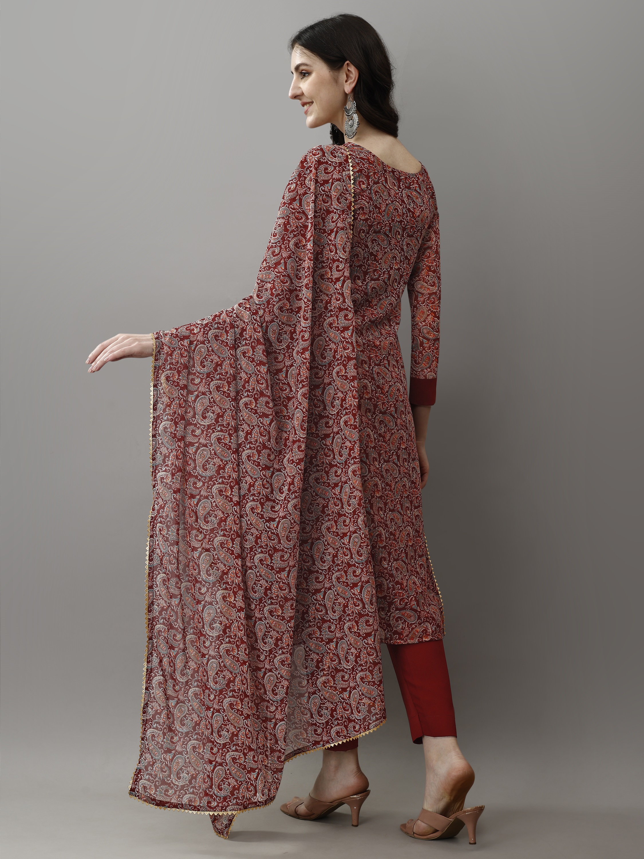 Maroon Printed Georgette Kurta Set with Dupatta Women