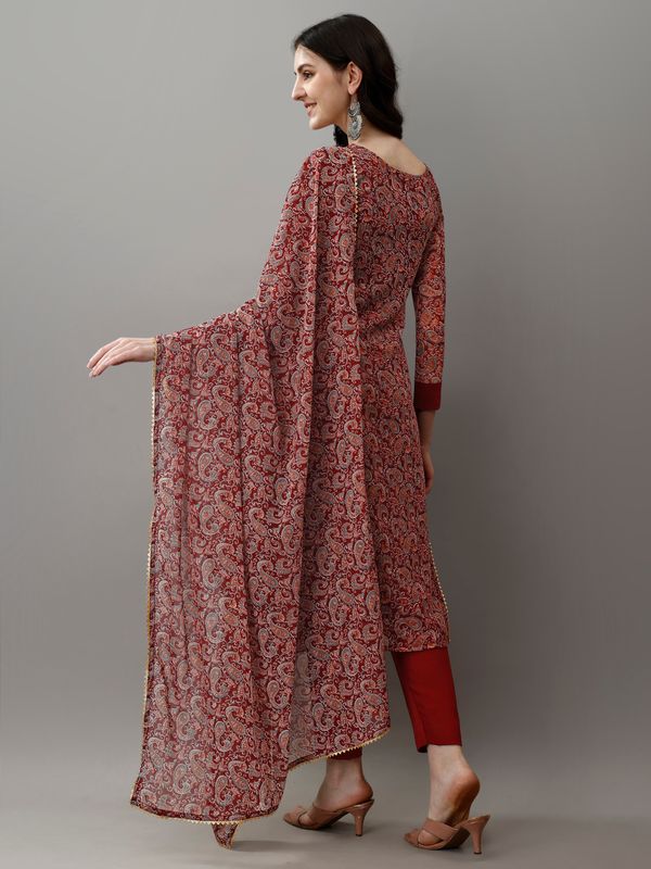 Maroon Printed Georgette Kurta Set with Dupatta Women