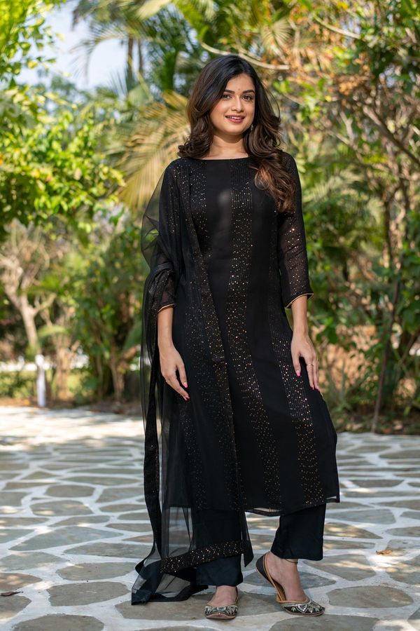 Black Embroidered Georgette Kurta Set with Dupatta