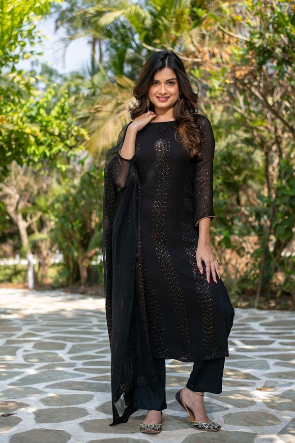 Black Embroidered Georgette Kurta Set with Dupatta
