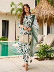 Elegant Green Floral Silk Kurta Pant Dupatta Set - Green