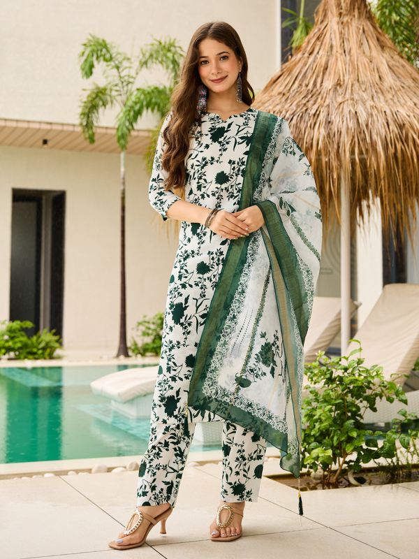 Elegant Green Floral Silk Kurta Pant Dupatta Set