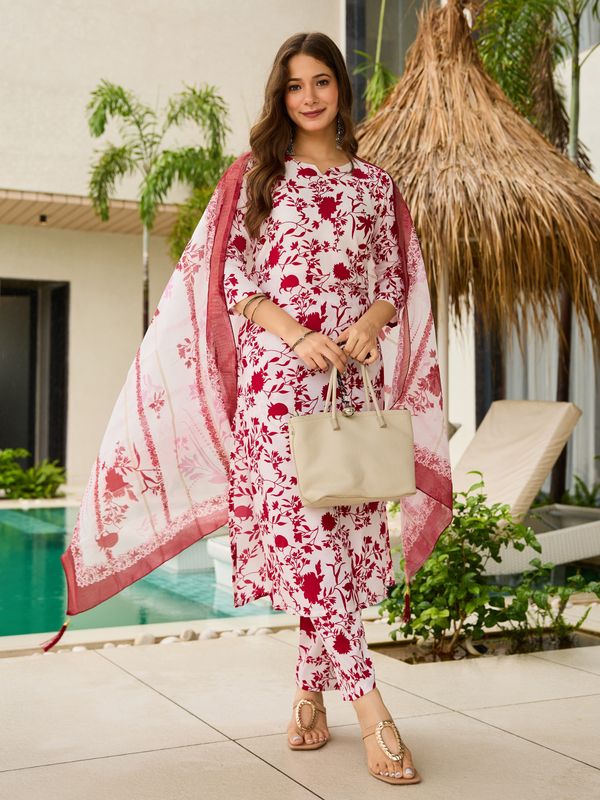 Chic Red Floral Silk Kurta Pant Dupatta Set For Women