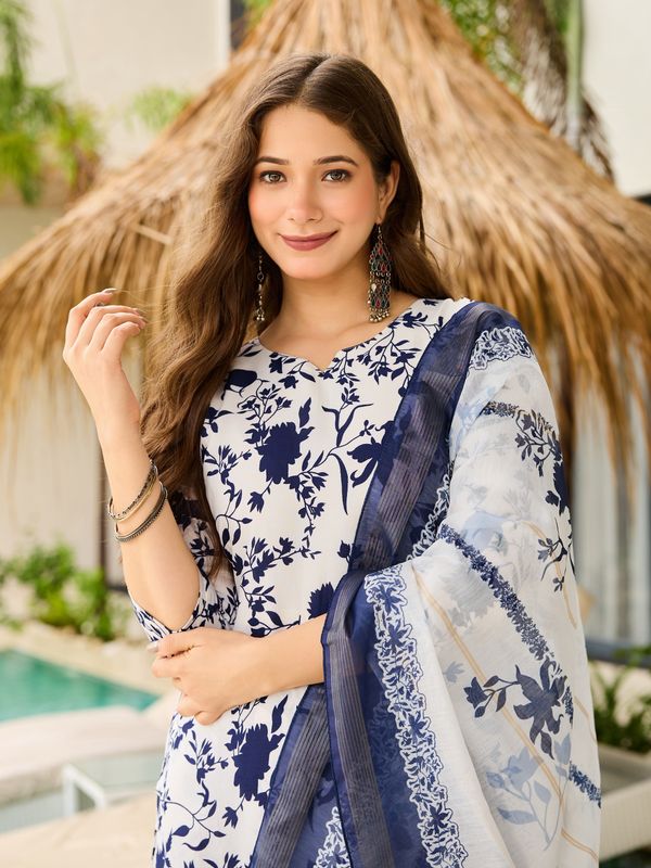 Stylish Navy Floral Silk Kurta Pant Dupatta Set