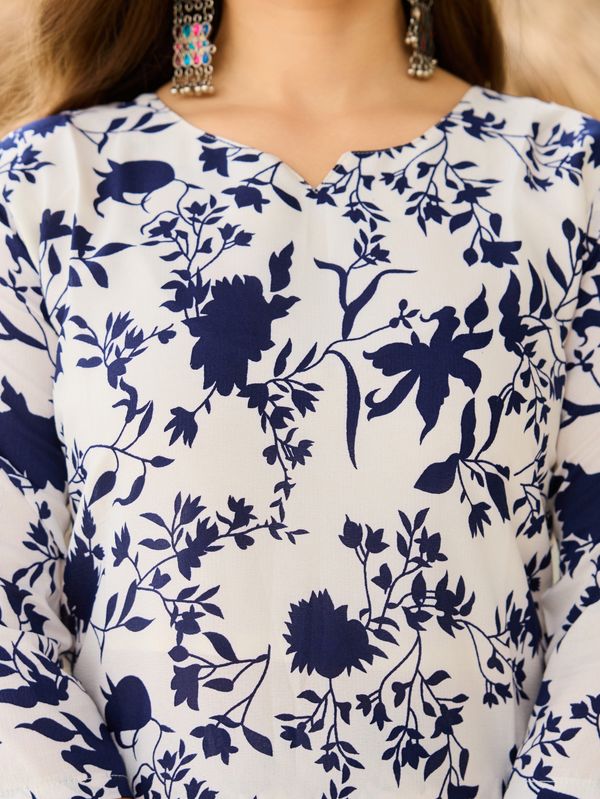 Stylish Navy Floral Silk Kurta Pant Dupatta Set