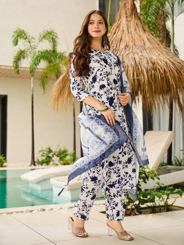 Stylish Navy Floral Silk Kurta Pant Dupatta Set