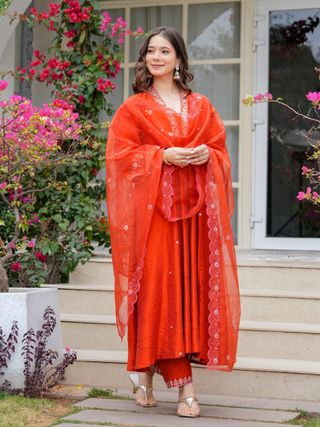 Graceful Orange Chanderi Kurta Pant Dupatta Set Women