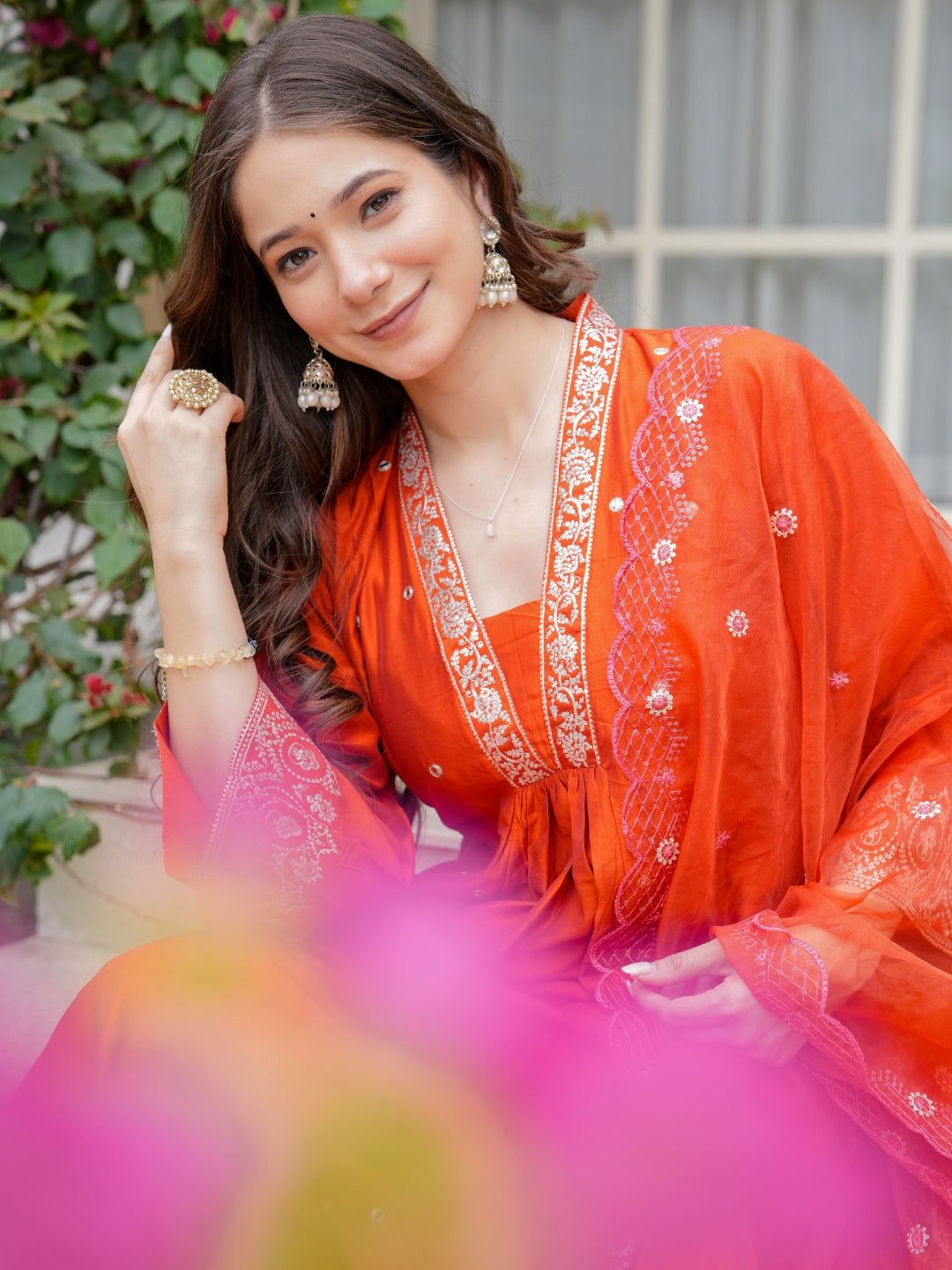 Graceful Orange Chanderi Kurta Pant Dupatta Set Women